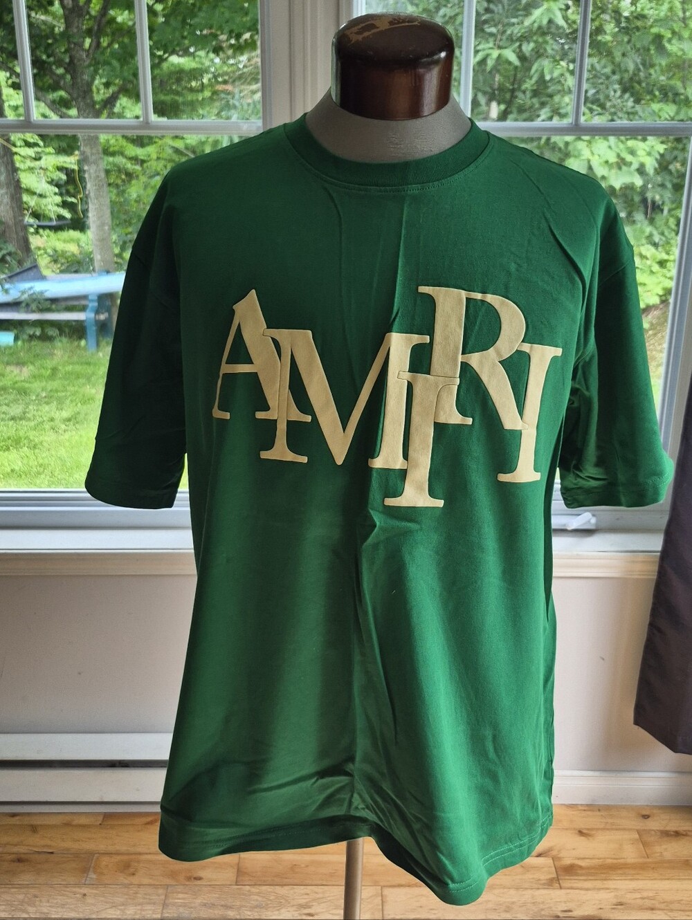 AMIRI Emerald Green Short Sleeve Logo Tee with Cream Graphic